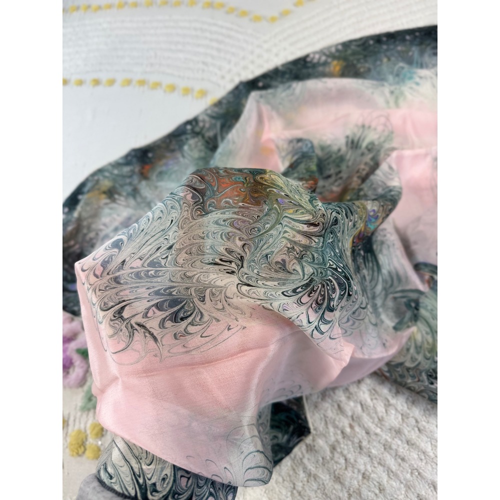 Vintage 100% Silk Scarf Hand Rolled Made in Japan Pink Green Marbled Print 31x31 - Picture 8 of 10